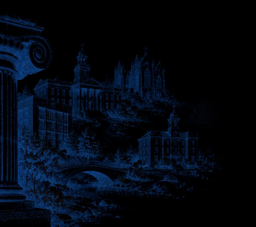 Engraved view of Guelph: City Hall, the Church of Our Lady on the hill, and a stone bridge over the Speed River.