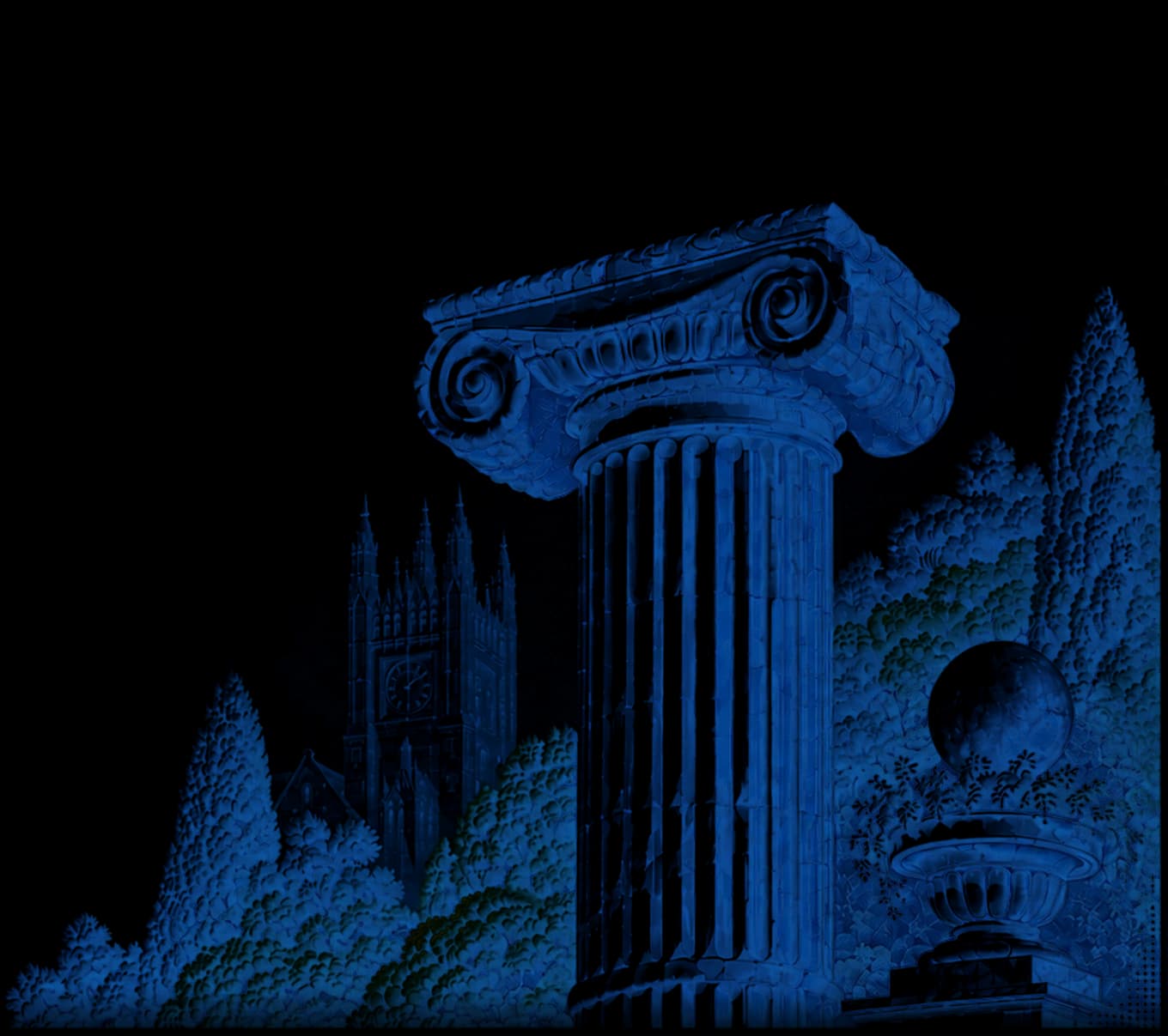 Engraving of an Ionic column with the Church of Our Lady and Guelph treeline behind it.